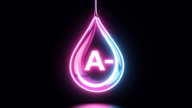 Neon A Negative Blood Type Animation | Glowing Blood Group Symbol in Water Drop on Black Background