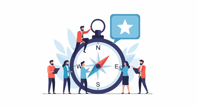 Business Team Navigation Concept with Giant Compass and Star Icon. Corporate Visionary Leadership, Strategic Planning and Goal Achievement Vector Illustration.