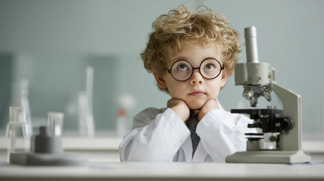 A curious child in a lab coat and glasses gazes intently at a microscope, embodying the spirit of discovery and innovation in science and education, exploring the wonders of the mi