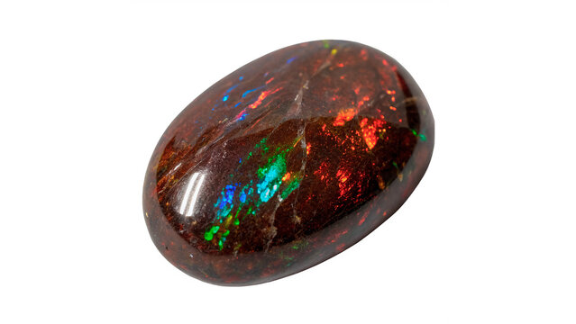 Polished smooth oval black fire opal gemstone with colorful flashes isolated on transparent background