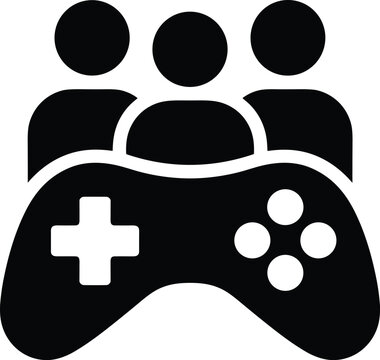 Minimalist black vector icon representing a group of three people enjoying social multiplayer gaming on a white background.