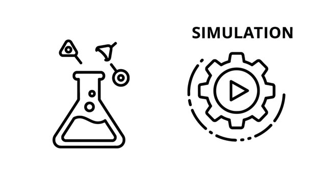 Scientific simulation with laboratory equipment and gear icon simulation laboratory experiment research chemistry equipment analysis