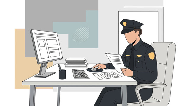 Police Officer Working at Desk with Computer and Documents
