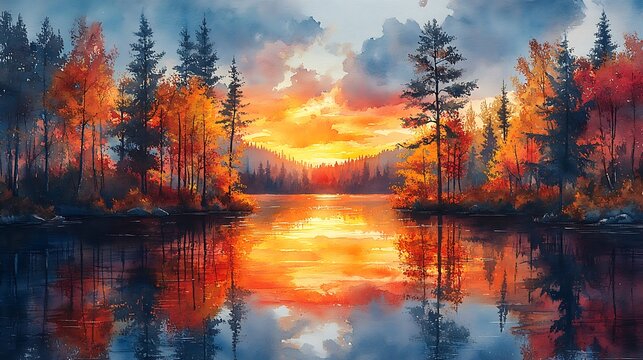 Tranquil autumn lake sunset