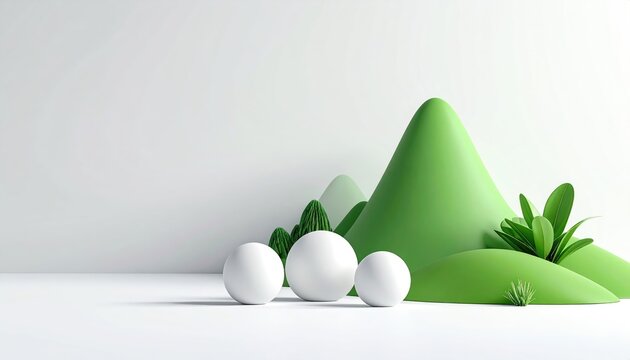 Abstract minimalist landscape with smooth green hills and three white spheres