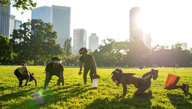 Active Young Adults Exercising on Green Lawn in Sunny Urban Park