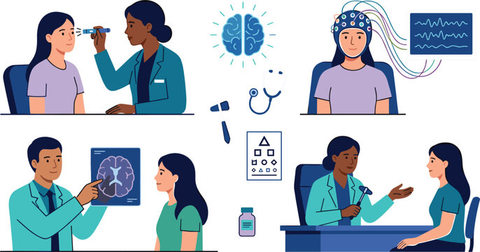 Neurology Medical Exam Vector Icon Set with Neurologist Checking Patient, Brain Scan MRI, EEG Test, Reflex Hammer, Eye Chart, and Stethoscope Symbols