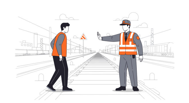 Railway worker stopping pedestrian on track, safety warning illustration
