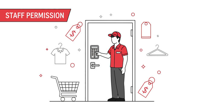 Retail employee accessing backroom with keycard entry and shopping symbols