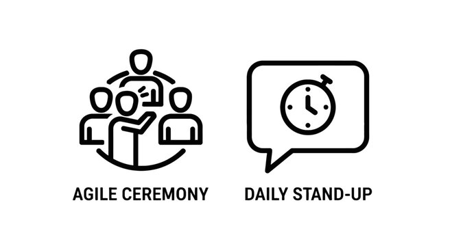 Agile ceremony and daily stand-up meeting concept with people and clock agile methodology team collaboration project management agile process stand