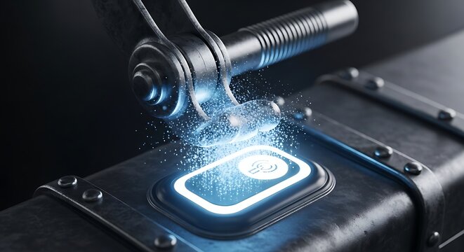 Industrial metal stamping process with glowing blue logo and sparkling effects