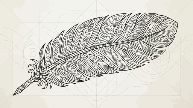 Ornate Feather Illustration with Geometric Background