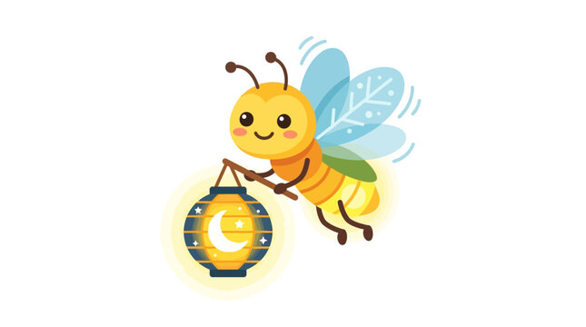 Cute Firefly Holding a Glowing Lantern with Moon and Star Icons | Vector Illustration