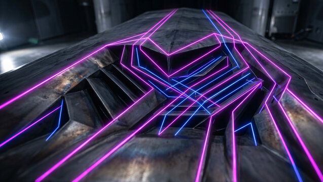 Extreme macro of a dark metallic stealth air intake highlighted by sharp glowing neon pink and blue linear geometry