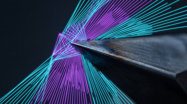 Macro of a dark tungsten leading edge piercing through a dense glowing neon cyan and purple linear shockwave barrier