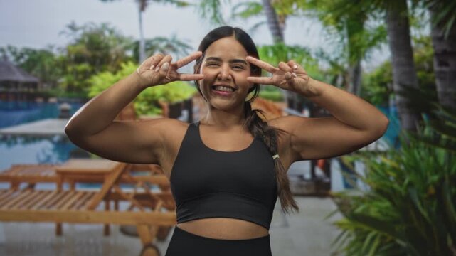 Young hispanic woman wearing black sports bra makes double peace sign showing toned arms and braided hair in a studio; playful confidence.