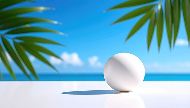 Clean white sphere on a reflective surface with a tropical beach backdrop