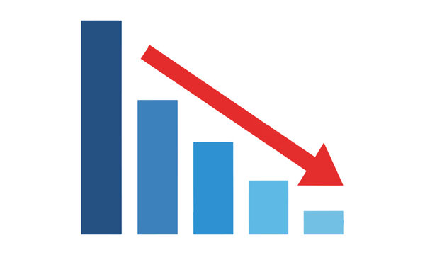 Simple flat icon featuring four vertical bars of decreasing height and a bold downward arrow isolated on white financial loss and economy concept