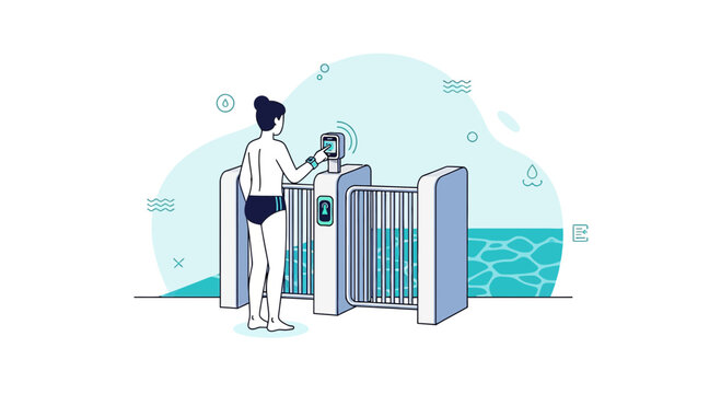 Person using smartphone at pool entry gate, digital access, summer leisure