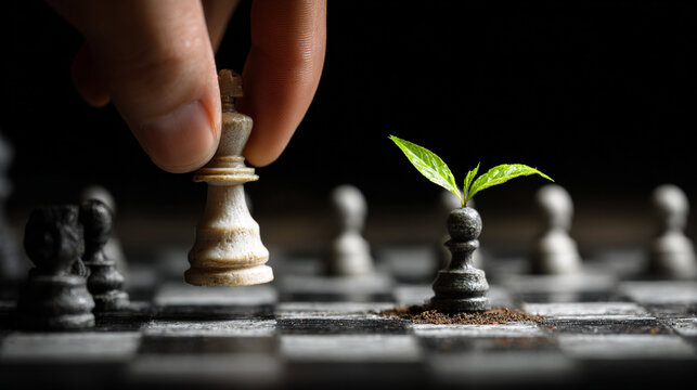 A hand moves a chess piece over a chessboard with a sprouting plant, symbolizing growth and strategy amidst competition