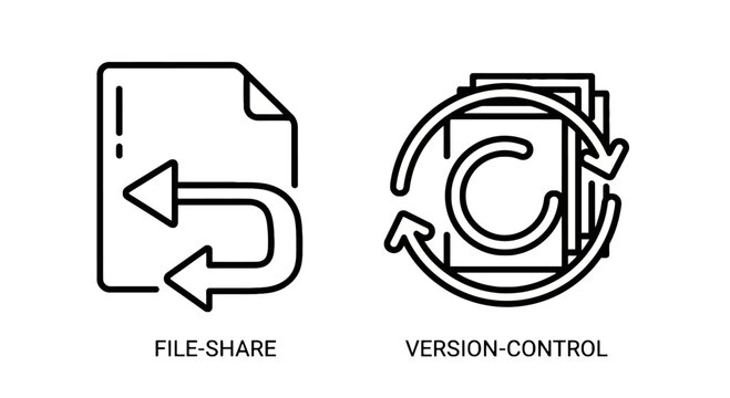 File share and version control icons with document management software technology computer transfer application interface illustration