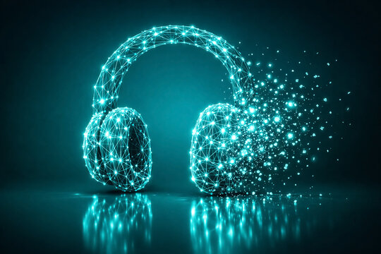 Headphones created from a vibrant cyan digital wireframe display modern sound technology and high fidelity audio innovation suitable for music business branding designs featuring a clean empty copy.