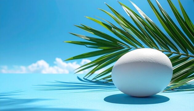 A white sphere rests near a palm frond against a bright blue sky