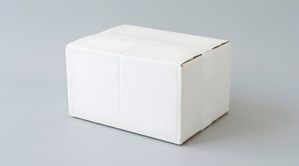 Naklejka premium A white cardboard box sitting on a plain gray surface