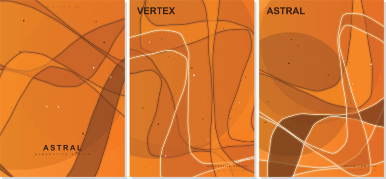 Abstract orange fluid wave vector poster template bundle set featuring warm glowing liquid line gradients, conceptual generative vertex astral background art, and creative cosmic designs.