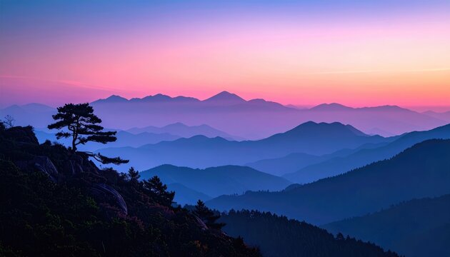 Silhouetted pine tree on rocky peak overlooks misty, layered mountain ranges at dawn