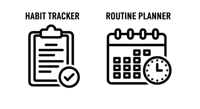 Habit tracker and routine planner icons for personal development with self improvement habit formation routine building personal growth personal