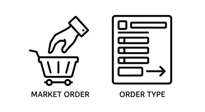 Shopping cart with hand holding a credit card and a document with a list of items and an arrow pointing to the right market order type shopping