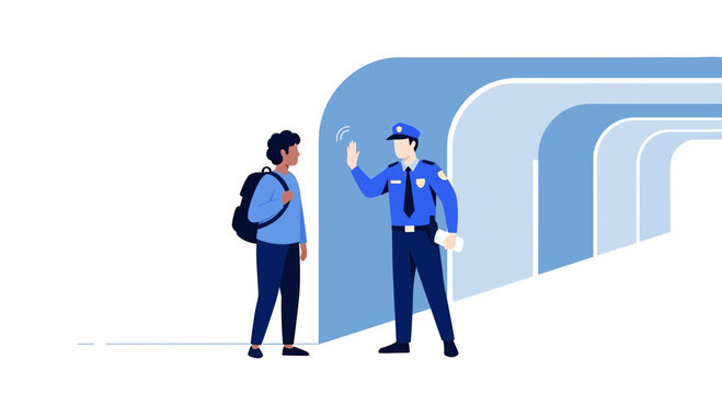 Officer stopping student at security checkpoint, security tunnel