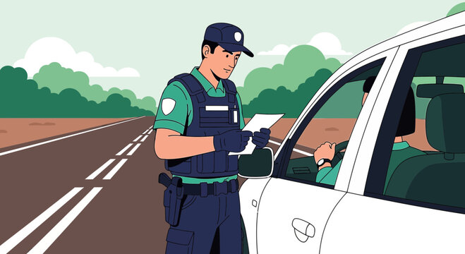 Police officer checks driver's license at roadside stop