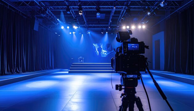 Professional digital camera on tripod in dimly lit, blue-hued studio