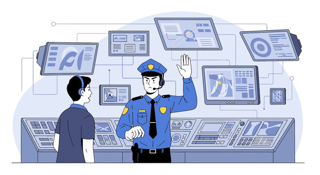 Police Officer Directing Operations in Control Room with Monitors Displaying Data