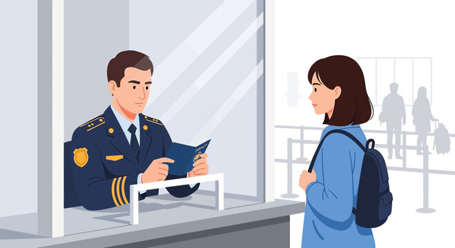 Passport Control Officer Checks Traveler's Document at Airport Border