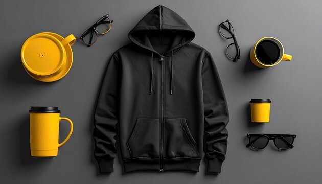 Black hooded jacket center stage with yellow mugs & glasses