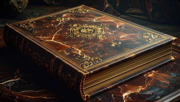 Ornate, leather-bound book with marbled cover and gilded tooling