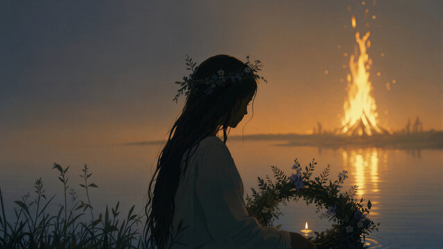Woman with flower wreath sitting by river at night during Ivan Kupala. Slavic folk celebration with bonfire and floating candle. Magical ritual of summer solstice cultural tradition.