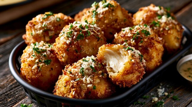 garlic parmesan chicken nuggets with crispy coating and dipping sauce