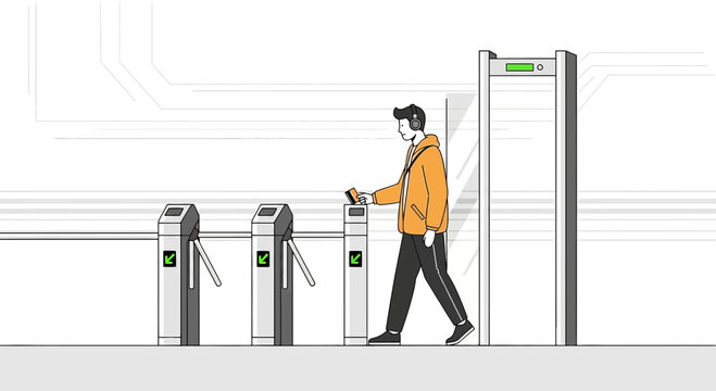 Person uses turnstile access gate with scanner, security checkpoint concept
