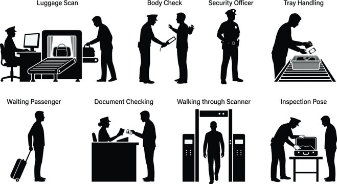 Airport security checkpoint silhouette icons set featuring passenger screening luggage scanning body check and passport control procedures