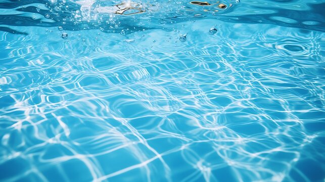 Crystal clear swimming pool water surface with sunlight reflections and ripples.