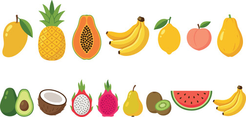 Obraz premium Fresh Tropical Fruit Vector Set with Mango Pineapple Papaya Banana Lemon Peach Avocado Coconut Dragon Fruit Pear Kiwi and Watermelon Cartoon Icons