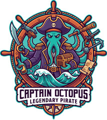 Captain Octopus: Intricate nautical pirate octopus kraken logo with detailed rope frame © Sourav