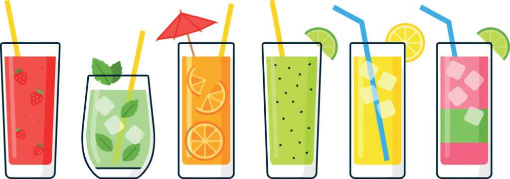 Fresh Summer Cocktail and Fruit Juice Glass Vector Set with Smoothie Mojito Lemonade Kiwi and Orange Drinks for Beach Bar Menu Designs