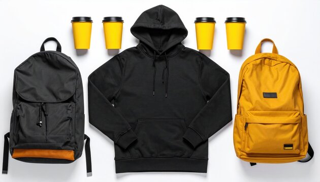Three bags, a hoodie, and four cups are arranged on a white background