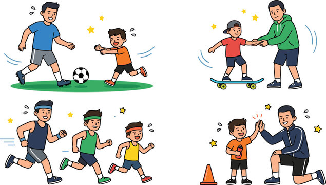 Happy Father and Sons Active Sports Vector Character Set Featuring Soccer Playing Skateboard Training Running and High Five Celebrations for Family Fitness Designs