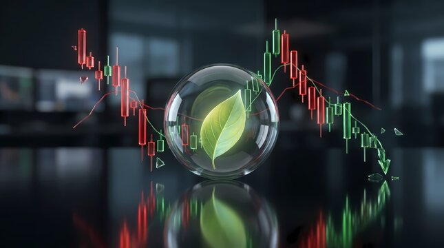 Green leaf inside a transparent glass sphere with financial charts representing profitable green energy and sustainable business.